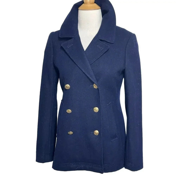 J. Crew women's 0 peacoat Navy wool blend gold crested buttons double breasted - Picture 5 of 9